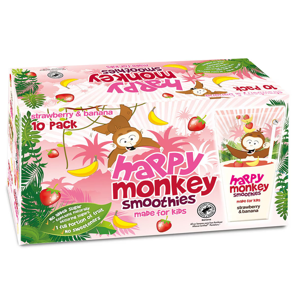 Happy Monkey Strawberry & Banana Smoothies, 4 X 10 X 180Ml - Nonynana