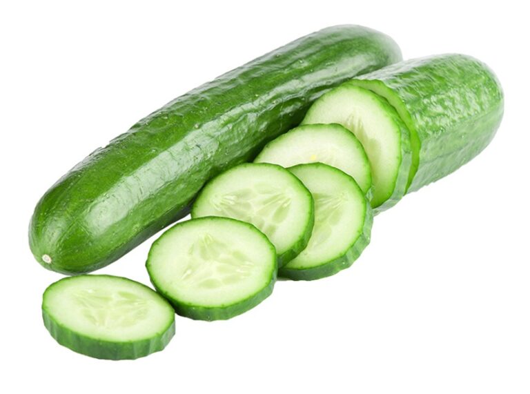Whole and sliced cucumbers on a white background