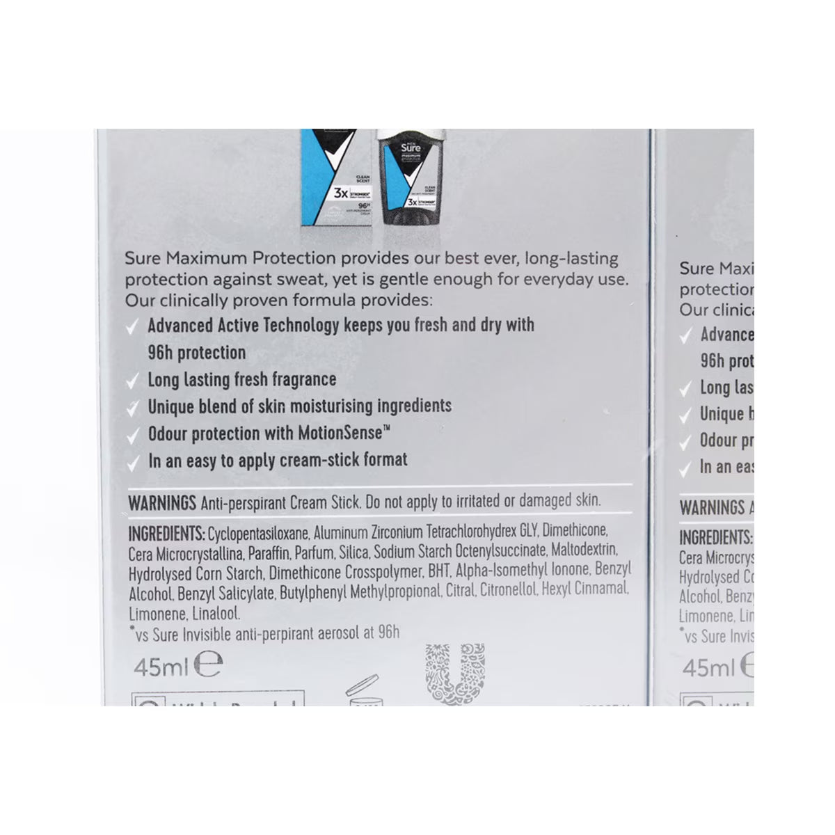 Sure Men Maximum Protection Anti-Perspirant Cream Deodorant, 2 X 45Ml - Nonynana